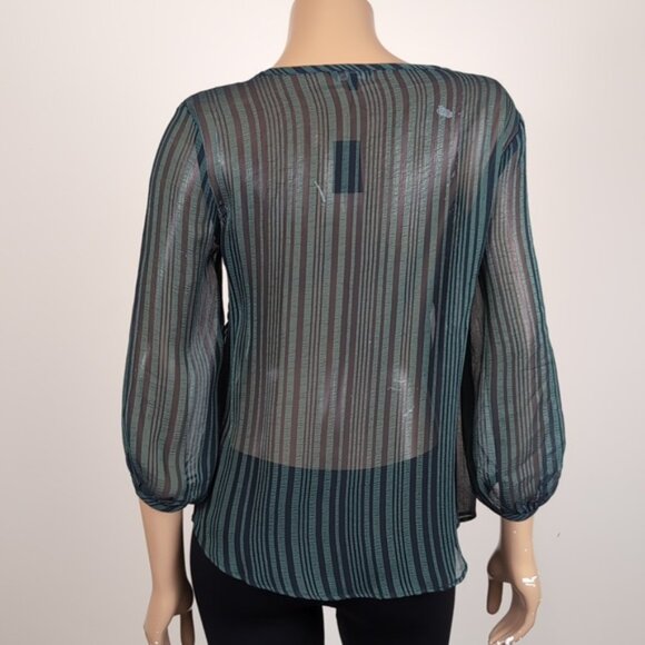 RW&Co Striped Sheer Blouse Smocked Draped Peasant Style Cropped Bubble Sleeve - Picture 5 of 9
